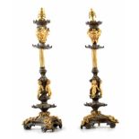 A pair of 19th century bronze candlesticks with brass mounts, with foliate gilding in a Rococo style
