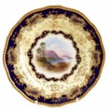 Coalport plate signed E. Ball, painted with a scene of Lake Menteith within yellow and blue border