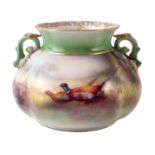 Royal Worcester Hadley's Ware twin handled vase signed A.C. Lewis, painted with pheasants within a