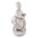 Meissen biscuit porcelain figure of a girl, modelled sat on a stool reading, incised F51 to top of