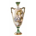 Hadley's Worcester twin handled vase circa 1902 signed W. Powell, painted with storks by the water's