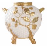 Royal Worcester basket weave vase, with twin handles and four branch feet, moulded floral