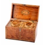 George III tortoiseshell veneered tea caddy with satin wood stringing and tulip wood cross-