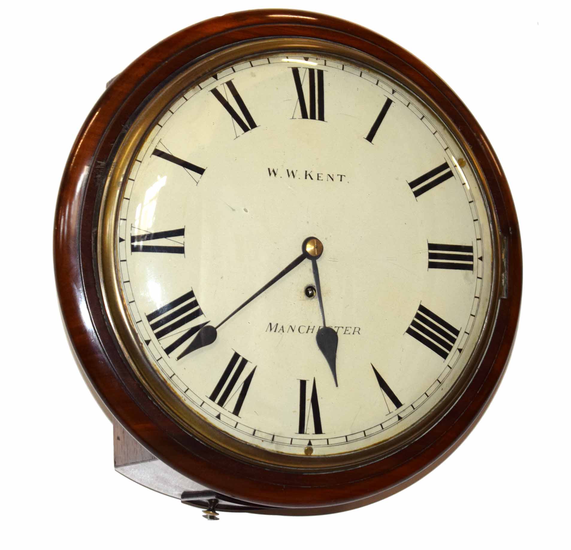 Mid 19th century wall clock with mahogany case and domed glass door. Dial signed W.W Kent,