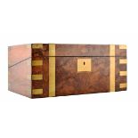 Victorian figured walnut writing slope with plain brass strapwork. Interior with leather writing