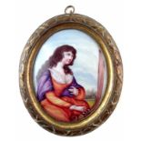 English enamel oval plaque circa 1780 probably Bilston, painted with a lady playing a piano
