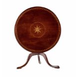 George III mahogany miniature tripod table circular top, with an inlaid parquetry satin-wood and