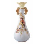 Locke and Co. Worcester vase, with twin flower head handles and pierced neck, painted with two