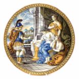 Italian Maiolica plate probably Castelli, painted with a classical scene, 25.5cm diameter For