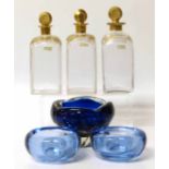 Three early 19th century spirit bottles with gilded decoration and also three Murano blown-glass