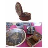Victorian Spittoon, Large wooden mixing bowl, cutlery carrier, African bowl and a bottle carrier. No