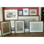 An assortment of various framed 19th century and earlier watercolours, maps and engravings No