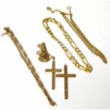 Two 9ct gold crosses, 3 9ct gold chains and a 9ct gold bracelet No condition reports for this sale.