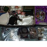 A collection of costume jewellery, silver brooches and a badge, silver coins and other coinage No