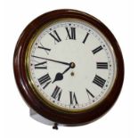 A 19th century wall clock with mahogany case. White enamel face with Roman numerals. Single fusee