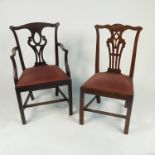 A harlequin set of eight (6 +2) country Chippendale style dining chairs,