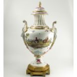 A large continental covered vase, printed with figures on horsebacks in a landscape,