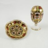 A Royal Crown Derby egg and stand, decorated in the Old Imari pattern, dated 1991, height 6ins,
