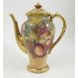 A Royal Worcester coffee pot, decorated all around with fruit to a mossy background by S Roberts,