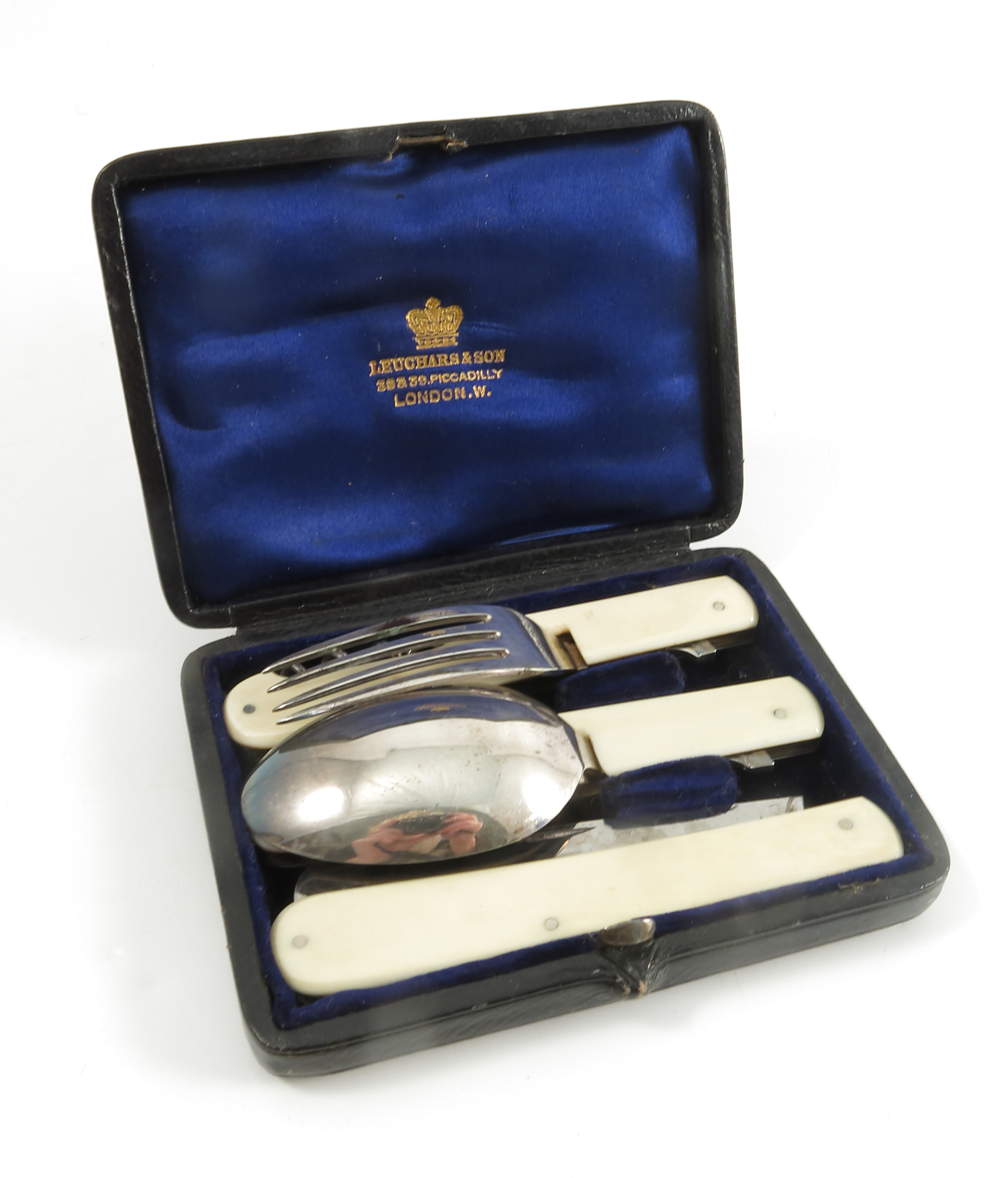 A cased set of 19th century silver plated and ivory handled folding cutlery, comprising a spoon, - Image 2 of 2