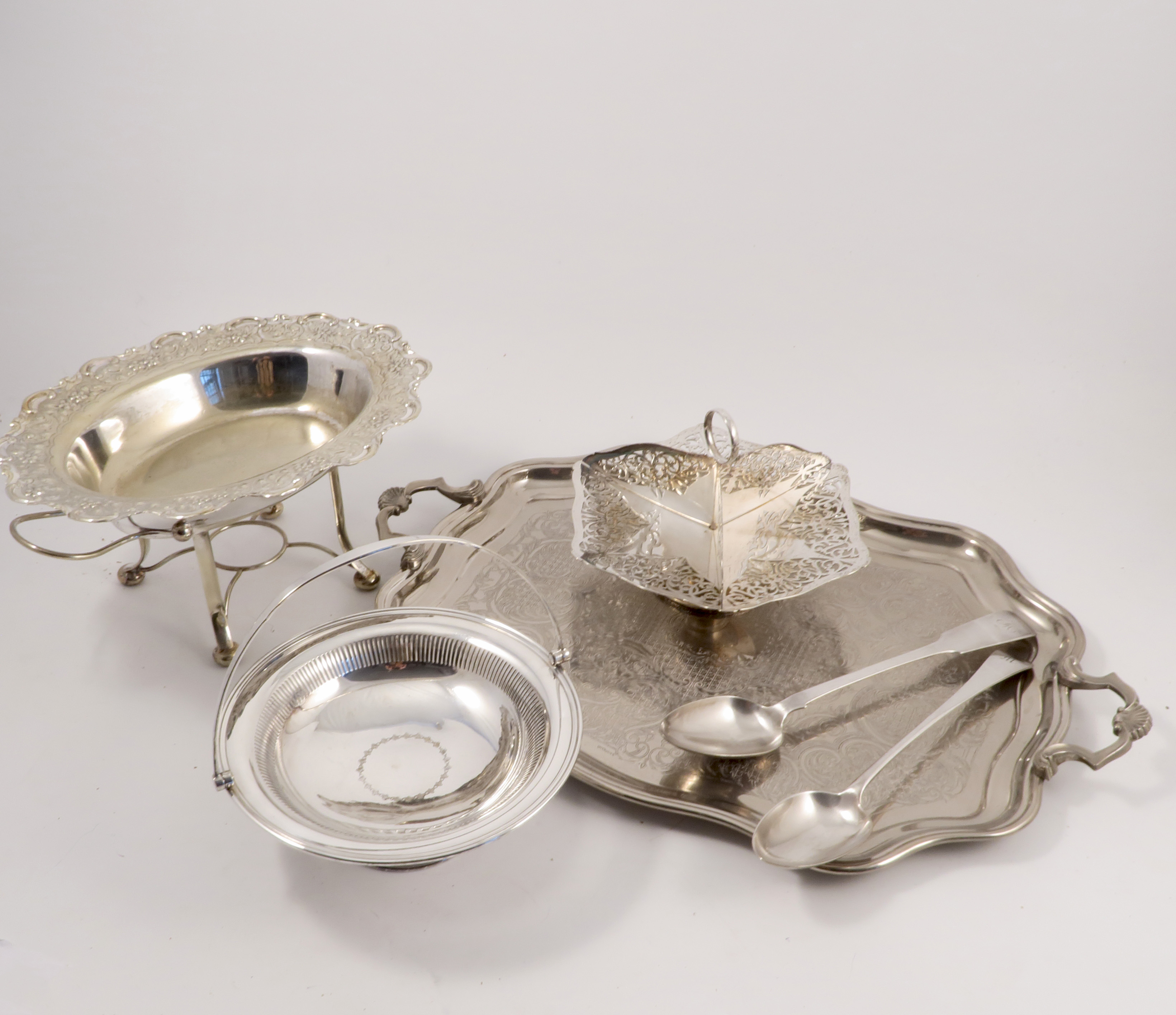 A collection of silver plate, to include trays, baskets, entree dish,