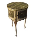 A pair of cylindrical occasional tables, with faux marble tops,