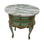 A pair of oval green painted occasional tables, with marble tops,