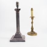 A silver plated table lamp, modelled as a Corinthian column, on a stepped square base, height 12ins,
