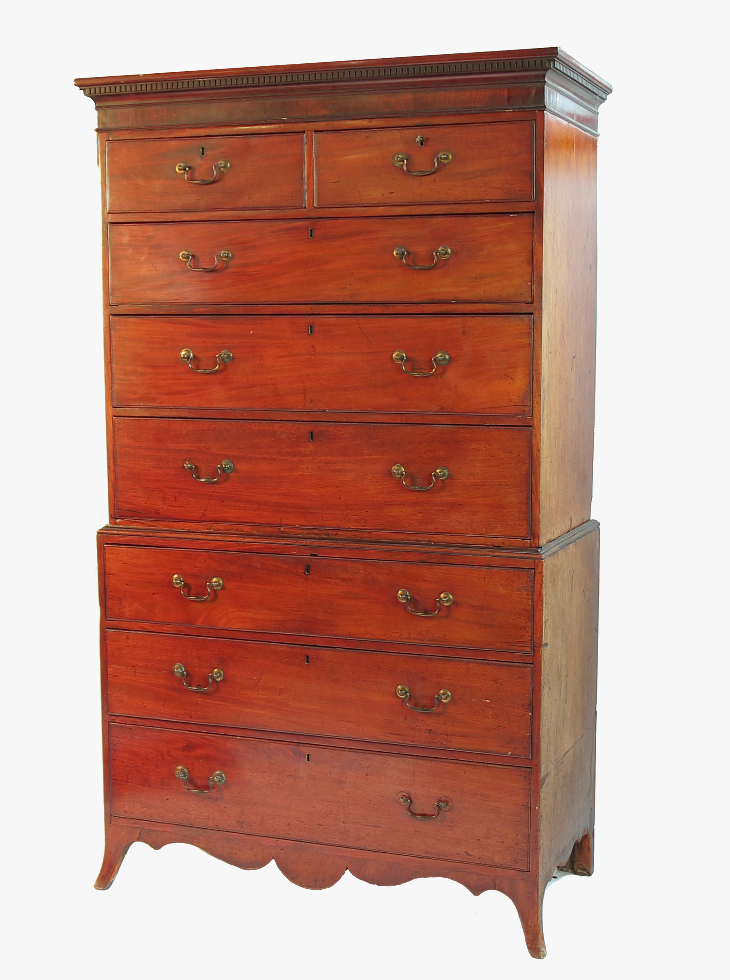 A Georgian mahogany chest on chest, the upper section fitted with two short over three long drawers,