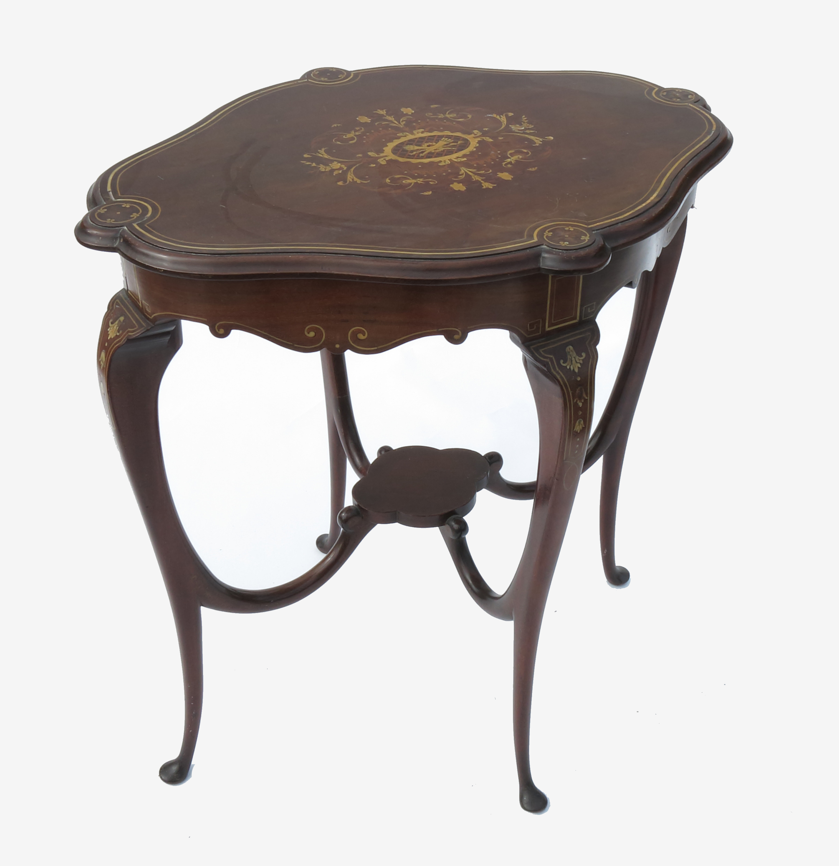 An Edwardian centre table, having line and marquetry inlay raised on four slender cabriole legs,