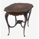 An Edwardian centre table, having line and marquetry inlay raised on four slender cabriole legs,