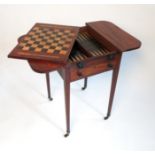 A late Georgian mahogany Pembroke games table, the slide out reversible top with draughts board,