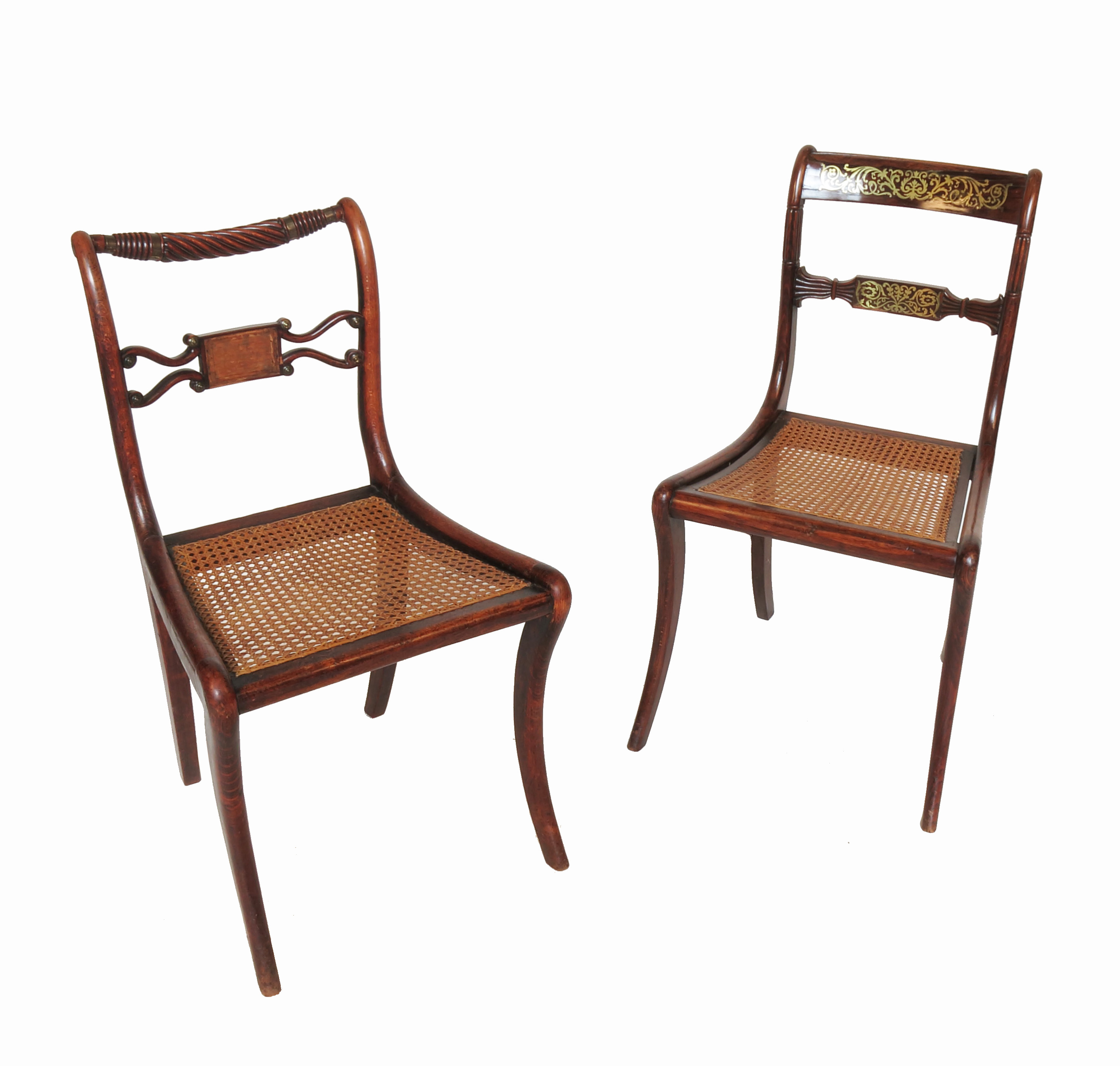 Four Regency dining chairs, three fitted with brass inlay, one with Trafalgar rope bar back,