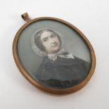 A 19th century English school oval portrait miniature, woman wearing black with a white bonnet,