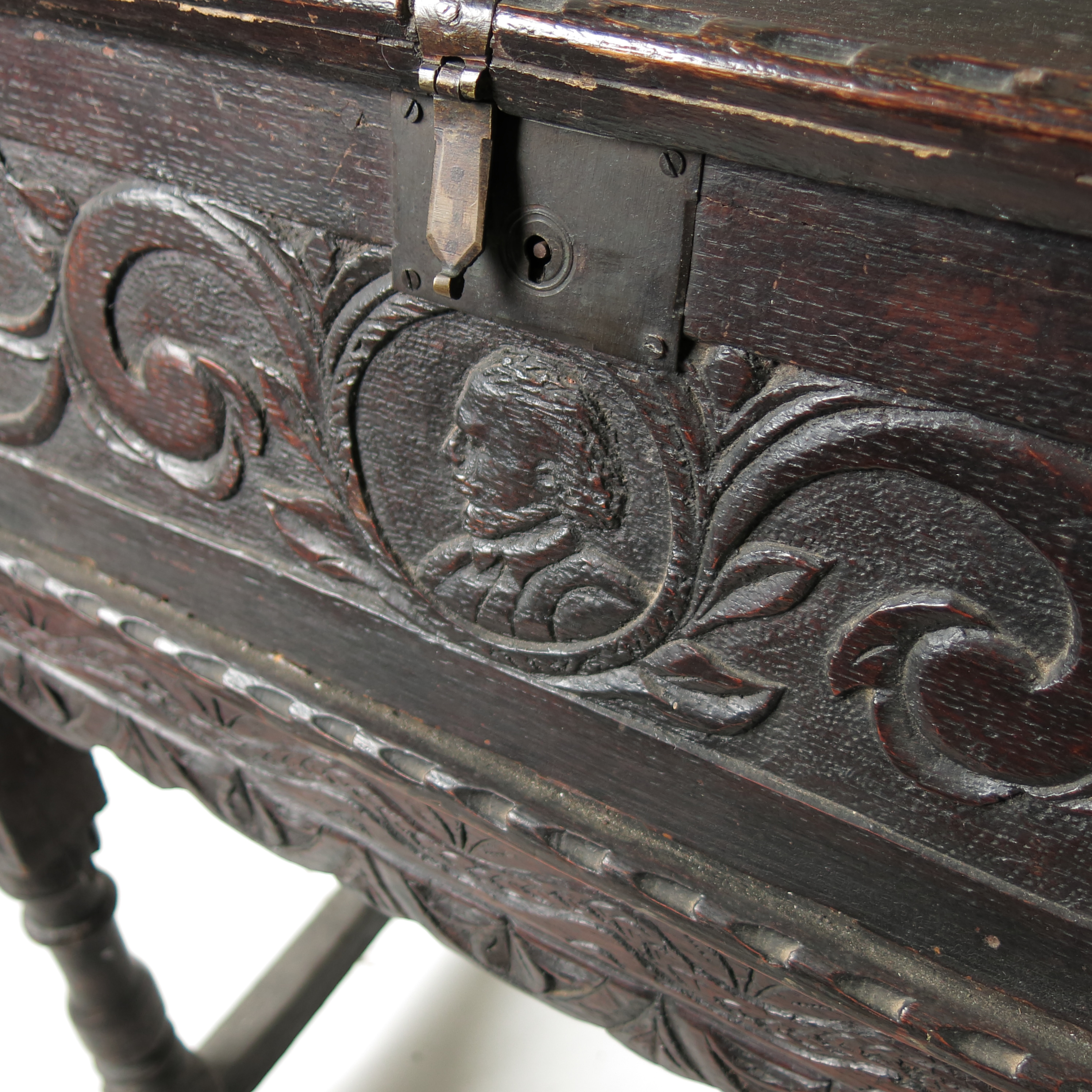 An Antique bible box, raised on a stand, with carved decoration, width 26ins, - Image 5 of 7