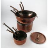 Nine various copper saucepans,