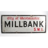 An enamel sign, City of Westminster Millbank S.W.