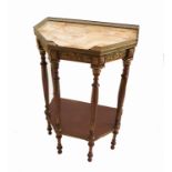 A Continental style side table, with elongated hexagonal marble top, with gilt metal mounts,