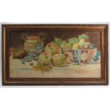 A watercolour, still life study depicting a vase and Imari fruit bowl, with apples,