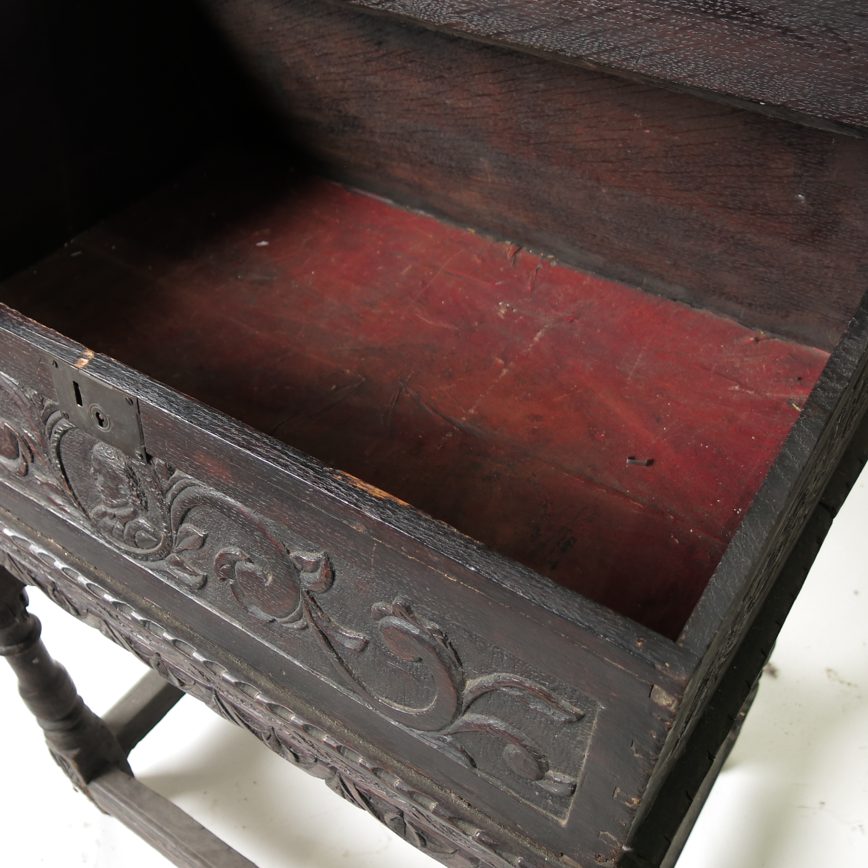 An Antique bible box, raised on a stand, with carved decoration, width 26ins, - Image 6 of 7