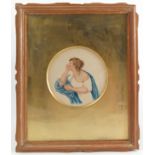 A circular watercolour, girl holding a letter, diameter 4.