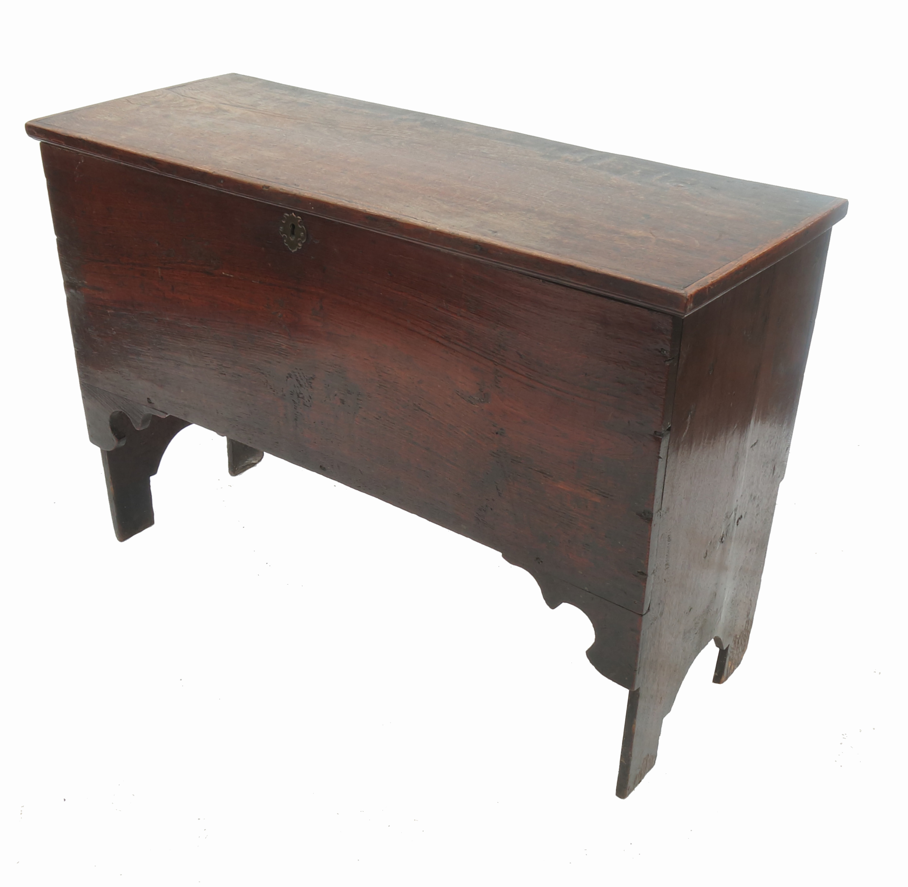 An antique oak six plank coffer or sword box, with plain rising lid, width 38.
