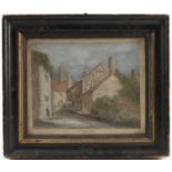 An antique English School watercolour, Ross on Wye 1787, street scene, 6.25ins x 7.