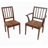 A set of five oak country chairs, with spindle backs and rush seats,