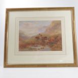 H Stinton, watercolour, Highland cattle in landscape, 9.5ins x 13.