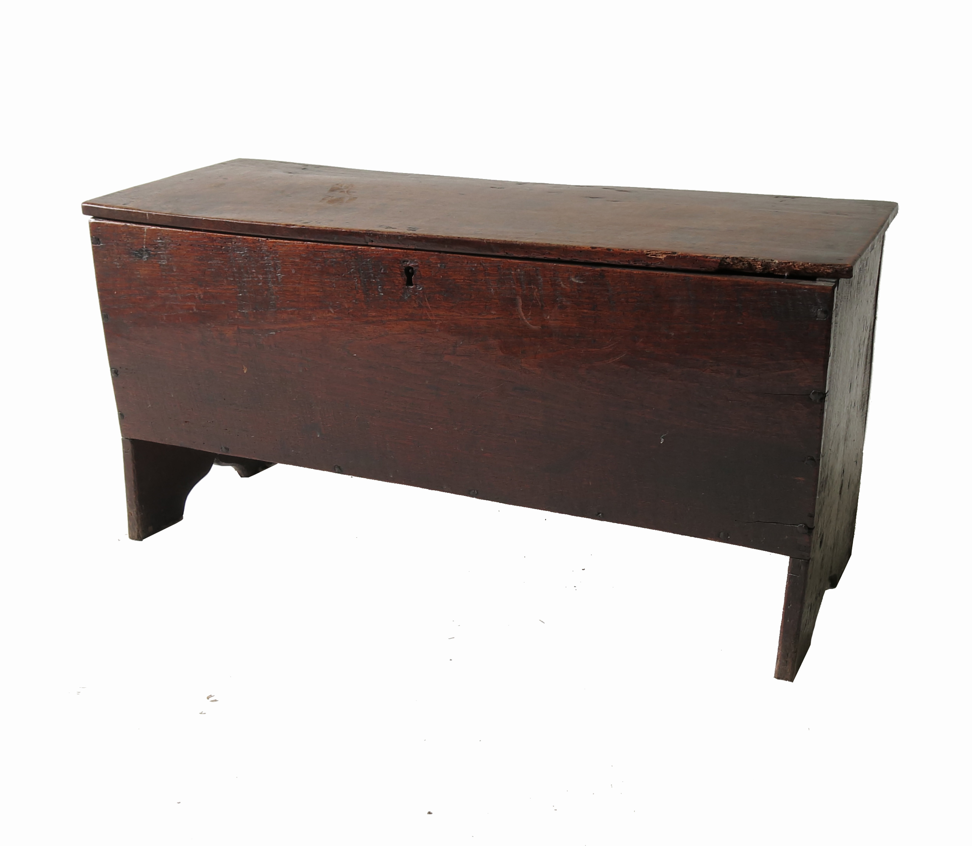 An Antique oak six plank coffer, with plain rising lid, width 35ins, height 17.