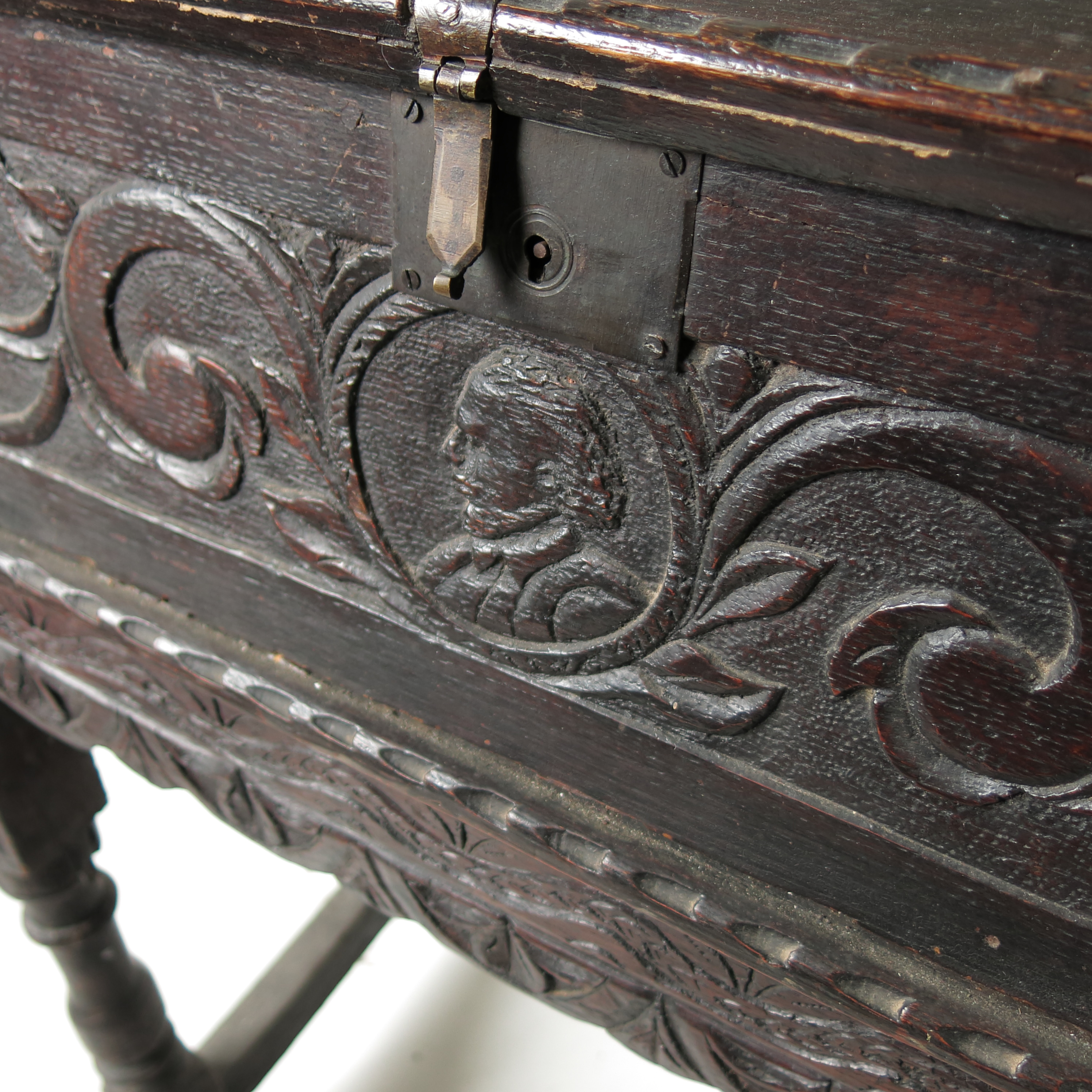An Antique bible box, raised on a stand, with carved decoration, width 26ins, - Image 4 of 7