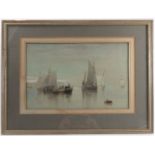 C Stanfield, watercolour, Lynemouth, figures and boats, 9.75ins x 13.