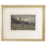 L May, watercolour, evening scene with figure on horseback riding towards a church, 4.