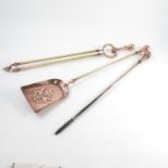 A set of Arts & Crafts copper and brass fire irons, comprising a set of tongs,